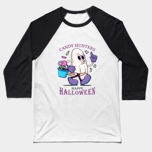 Happy Halloween, Cartoon illustration of a white cloth ghost carrying a tub of candy Baseball T-Shirt